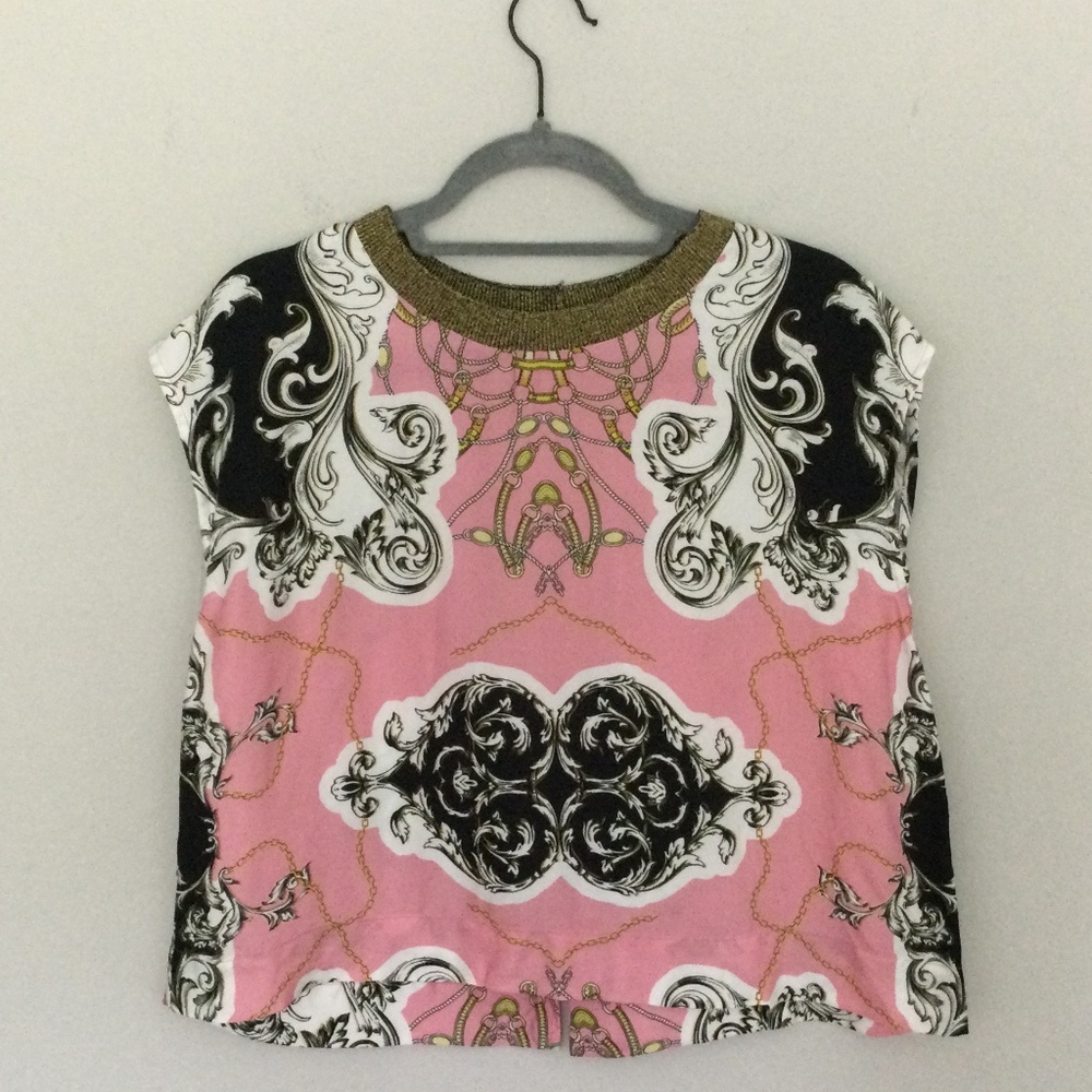Anthropologie silky pink black blouse gold trim S